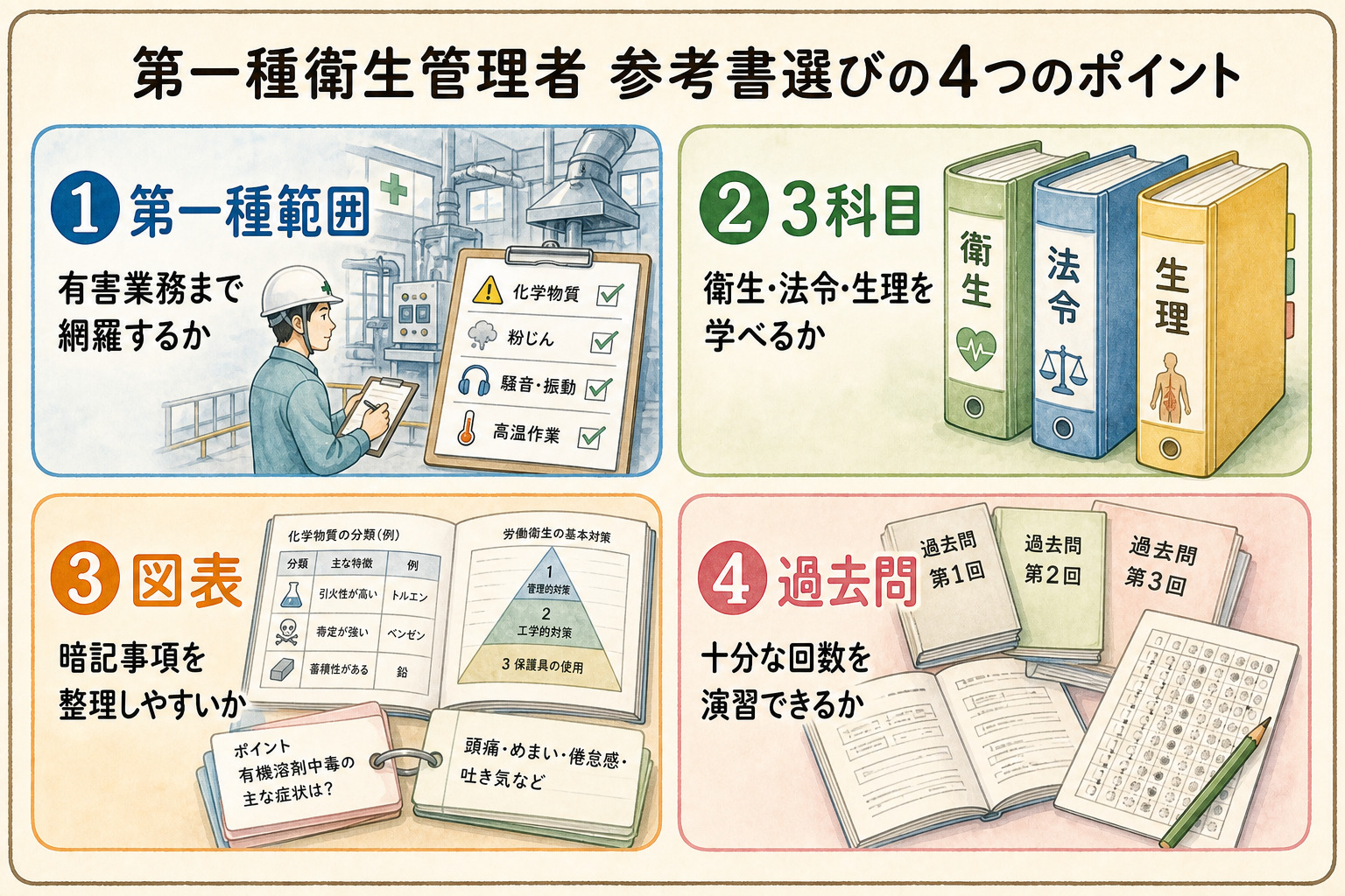 第一種衛生管理者の参考書選びの4つのポイント